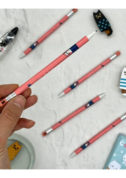 Kawaii Pembe Desenli Kalemtraşlı Kalın Uçlu Kurşun Kalem