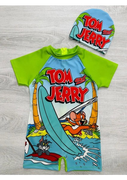 Kız Erkek Çocuk Unisex Tom And Jerry Temalı Hassas Ten Kısa Kol Şort Hipster Mayo Takımı Mayo Bone 2'Li Set