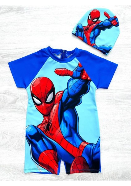Erkek Çocuk Güneş Koruma Spiderman Temalı Kısa Kol Şort Hipster Mayo Takımı Mayo Bone 2'li Set