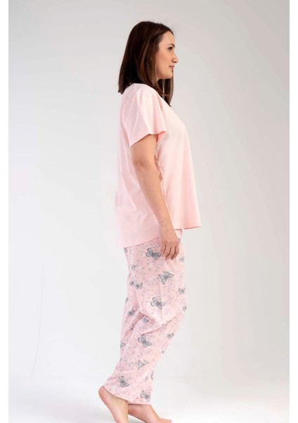 Kadın Somon Kısa Kollu Kelebek Desenli Bisiklet Yaka Oval Etek Süprem Pijama Takımı
