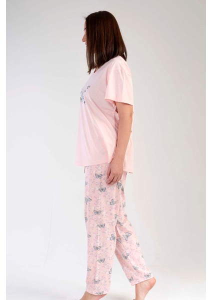 Kadın Somon Kısa Kollu Kelebek Desenli Bisiklet Yaka Oval Etek Süprem Pijama Takımı