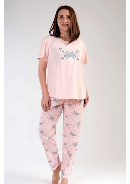 Kadın Somon Kısa Kollu Kelebek Desenli Bisiklet Yaka Oval Etek Süprem Pijama Takımı
