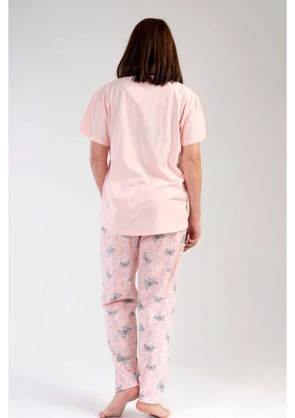 Kadın Somon Kısa Kollu Kelebek Desenli Bisiklet Yaka Oval Etek Süprem Pijama Takımı