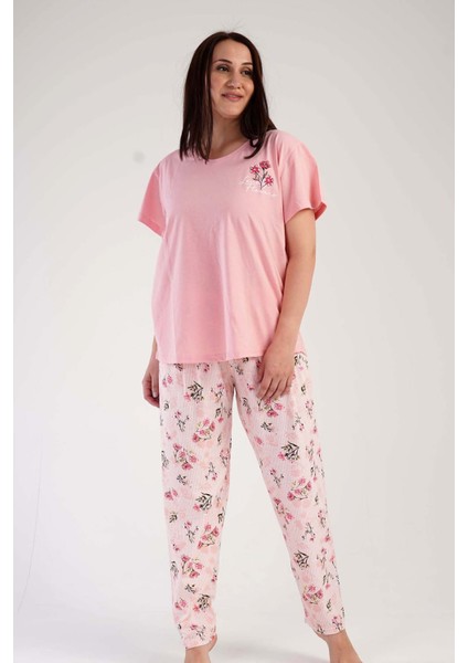 Kadın Pudra Kısa Kollu Çiçek Desenli Bisiklet Yaka Oval Etek Süprem Pijama Takımı