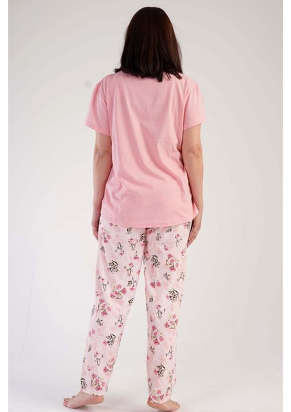 Kadın Pudra Kısa Kollu Çiçek Desenli Bisiklet Yaka Oval Etek Süprem Pijama Takımı modelleri