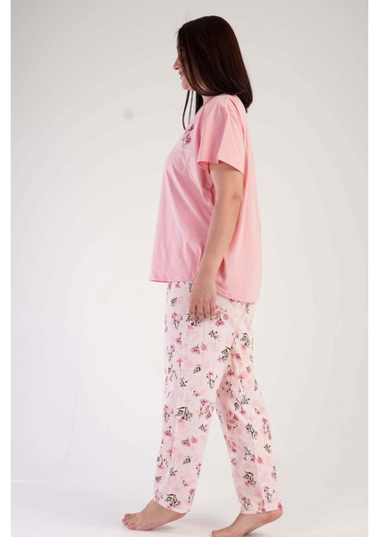 Kadın Pudra Kısa Kollu Çiçek Desenli Bisiklet Yaka Oval Etek Süprem Pijama Takımı fırsatları