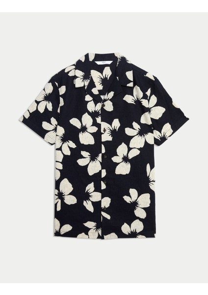 Çiçek Desenli Kısa Kollu Keten Gömlek (6-16 Yaş)