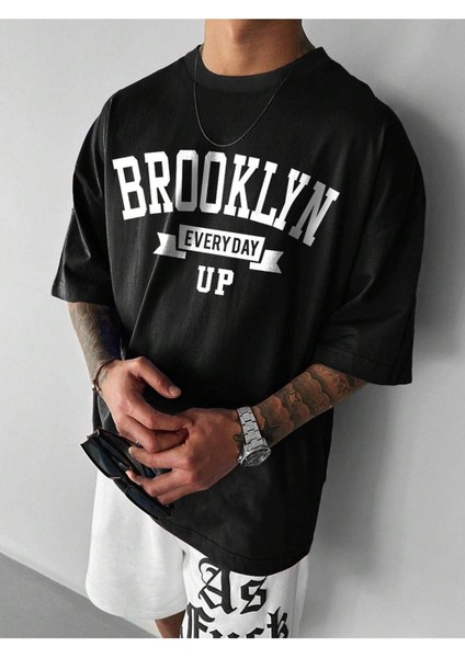 Brooklyn Every Day Süprem T-Shirt - Siyah Baskılı Oversize Bisiklet Yaka Kısa Kol Tişört