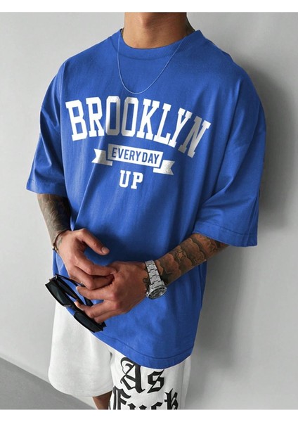 Brooklyn Every Day Süprem T-Shirt - Sax Mavi Baskılı Oversize Bisiklet Yaka Kısa Kol Tişört