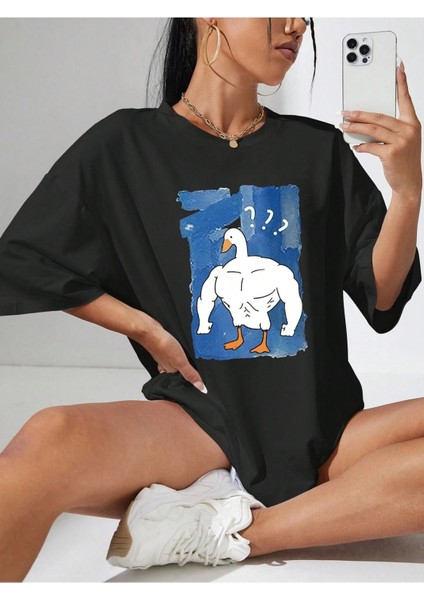 Kaslı Ördek T-Shirt - Siyah  Baskılı Oversize Bisiklet Yaka Kısa Kol Tişört