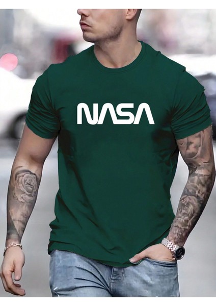 Nasa T-Shirt - Nefti Yeşil  Baskılı Oversize Bisiklet Yaka Kısa Kol Tişört