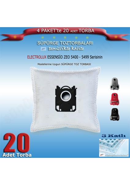 Electrolux Essensio Zeo 5400 – Zeo 5410 - Zeo 5415 - Zeo 5420 - Zeo 5425 - Zeo 5430 - Zeo 5435 - Zeo 5499 Modellerine Uygun 20 Adet Süpürge Toz Torbası 202420