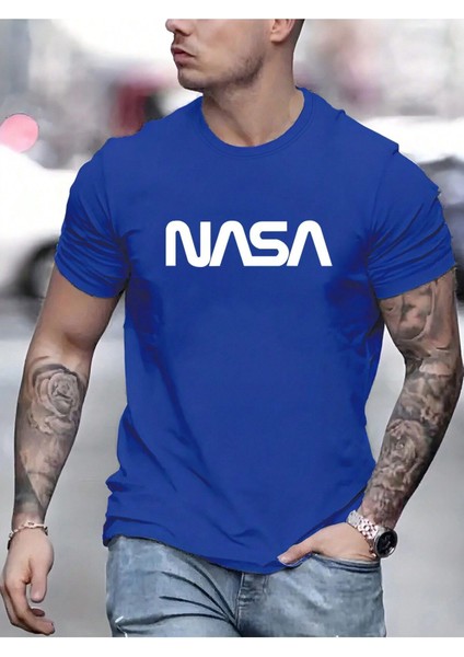 Nasa T-Shirt Sax Mavi Baskılı Oversize Bisiklet Yaka Kısa Kol