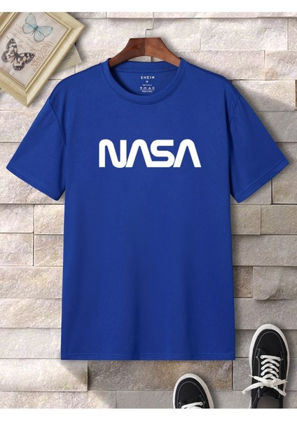 Nasa T-Shirt Sax Mavi Baskılı Oversize Bisiklet Yaka Kısa Kol