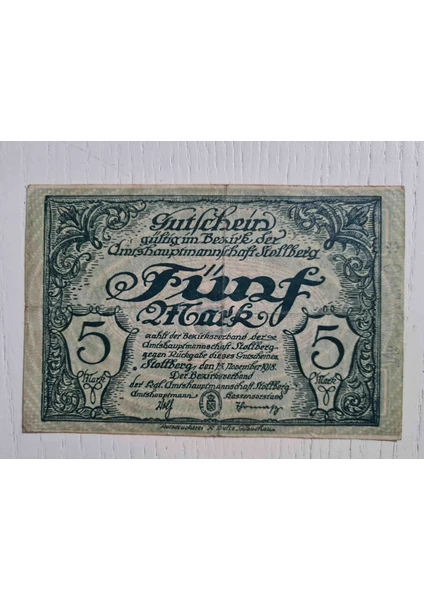 1918 Alman 5 Mark Banknot Temiz. Orijinal