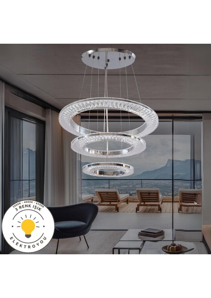 Kristal 3 'lü Sarkıt Krom 3 Renk Işıklı Ultra Ledli Avize