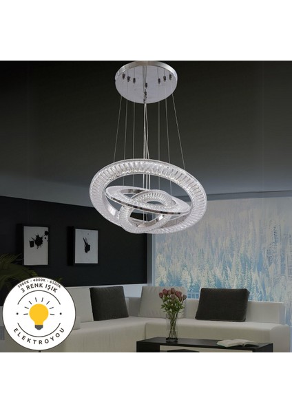 Kristal 3 'lü Sarkıt Krom 3 Renk Işıklı Ultra Ledli Avize