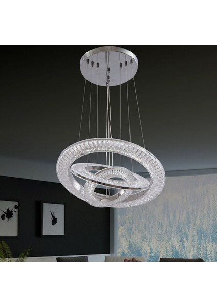 Kristal 3 'lü Sarkıt Krom 3 Renk Işıklı Ultra Ledli Avize