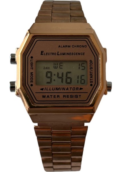 Retro Model Alarm/kronometre Dijital Pembe Renk Kadın Kararmaz Paslanmaz Metal Kol Saati