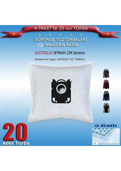 Electrolux Jetmaxx Zjm 6800 - 6810 – 6811 - 6820 - 6830 – 6840- 6899 - 68CUP - 68FD1 - 68FD9 - 68SP – 2000 Modellerine Uygun 20 Adet Süpürge Toz Torbası 202420
