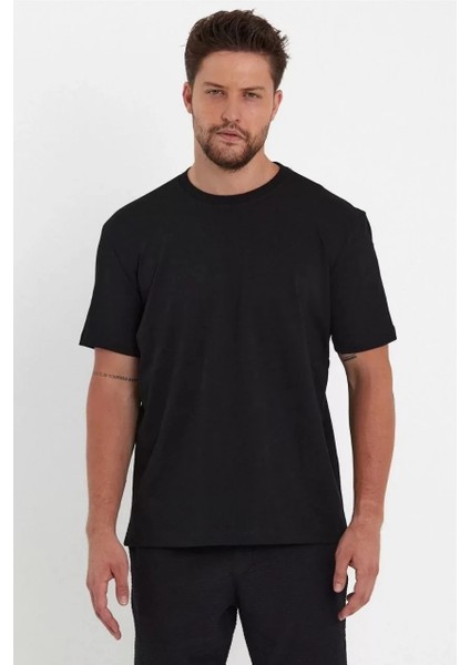 Unisex Düz Biskilet Yaka Oversize T-Shirt Siyah