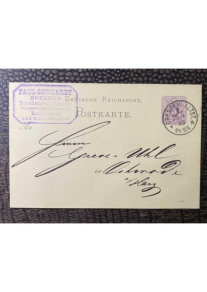 Antiye Almanya Reich Dönemine Ait 1883 Yılında Postadan Geçmiş Dresden Damgalı Posta Kartı Kendinden Pullu 5 Pfennig Deutsches Reich
