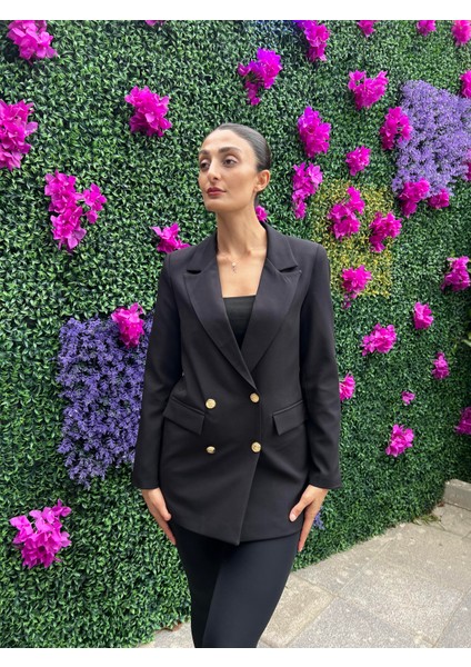 Gold Düğmeli Astarlı Blazer Ceket-Siyah Renk modelleri