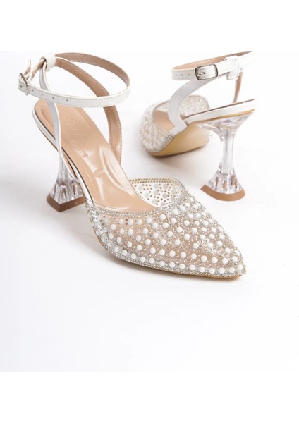 Shoes Cam Ökçe Şeffaf Inci Taş Detaylı Burnu Kapalı Abiye Ayakkabı Beyaz fiyatları