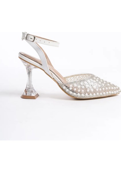 Shoes Cam Ökçe Şeffaf Inci Taş Detaylı Burnu Kapalı Abiye Ayakkabı Beyaz fırsatları