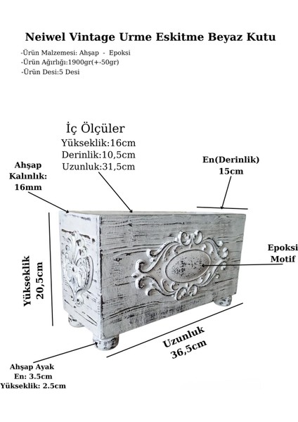 Vintage Urme Eskitme Beyaz Ahşap Kutu