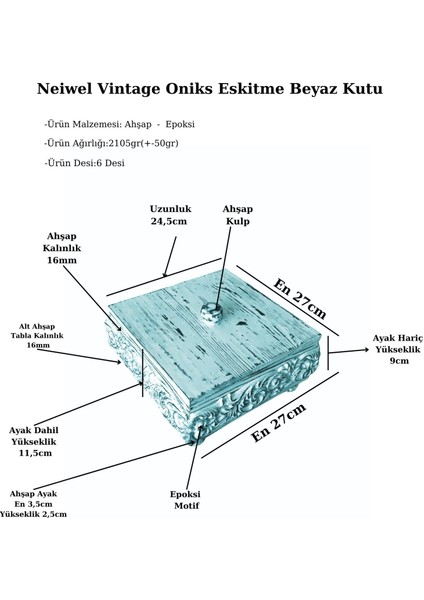 Vintage Oniks Eskitme Beyaz Kapaklı Ahşap Kutu