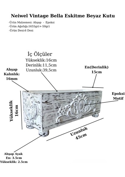 Vintage Bella Eskitme Beyaz Ahşap Kutu