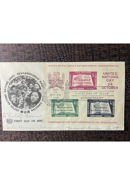Birleşmiş Milletler Ilk Gün Zarfı 10. Yıl Dönümü Postadan Geçmiş 1955 United Nations Fdc 10. Anniversary United Nations York Scott 38
