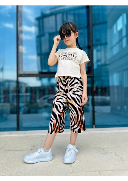 Positive Baskılı Viskon Zebra Desen Kız Çocuk Takım - Kahve-Bej