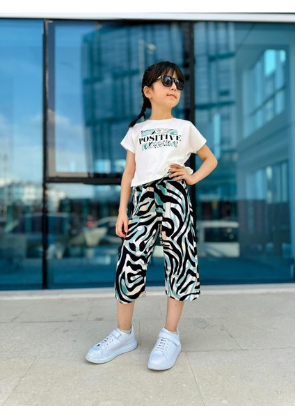 Positive Baskılı Viskon Zebra Desen Kız Çocuk Takım - Yeşil-Beyaz