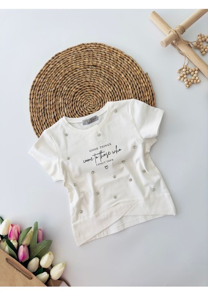 Özel Tasarım Taşlı Kız Çocuk Tşört Krem