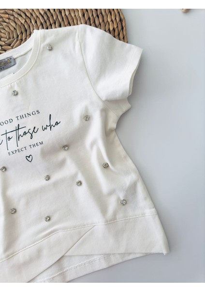 Özel Tasarım Taşlı Kız Çocuk Tşört Krem fiyatları