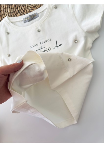 Özel Tasarım Taşlı Kız Çocuk Tşört Krem modelleri