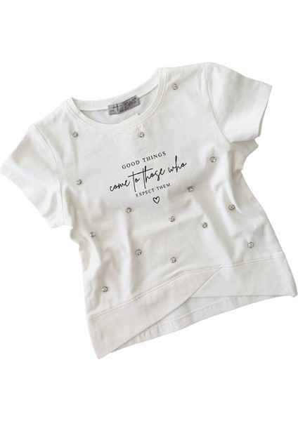 Özel Tasarım Taşlı Kız Çocuk Tşört Krem fırsatları