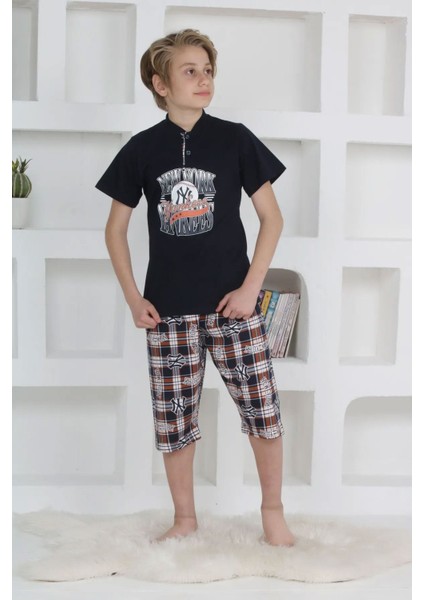 Minigimin Cicileri Erkek Çocuk Kapri Düğmeli Ekose Pijama Takım Siyah