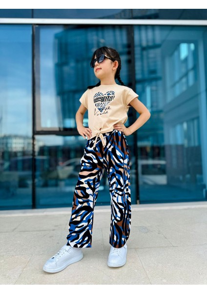 Kalp Baskılı Viskon Bağlamalı Kız Çocuk Takım - Camel-Mavi