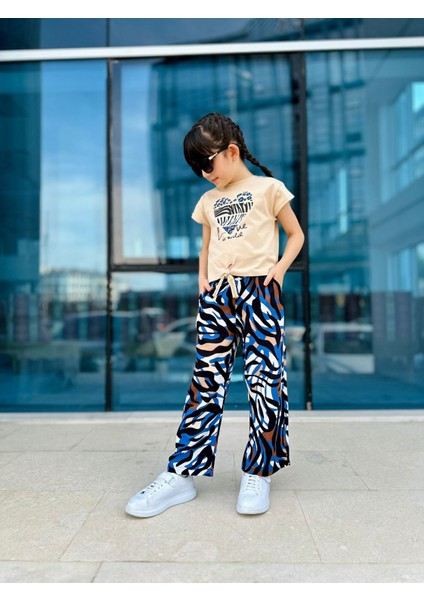 Kalp Baskılı Viskon Bağlamalı Kız Çocuk Takım - Camel-Mavi fiyatları