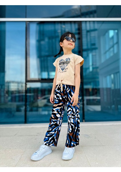 Kalp Baskılı Viskon Bağlamalı Kız Çocuk Takım - Camel-Mavi modelleri