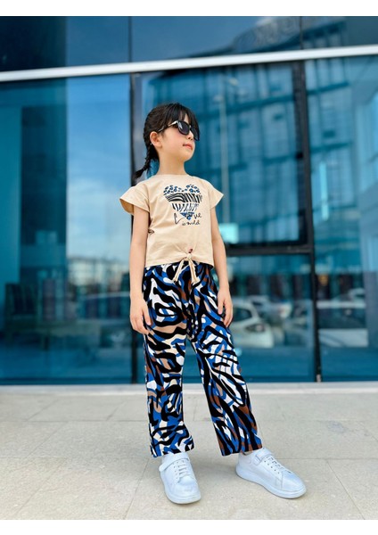 Kalp Baskılı Viskon Bağlamalı Kız Çocuk Takım - Camel-Mavi fırsatları