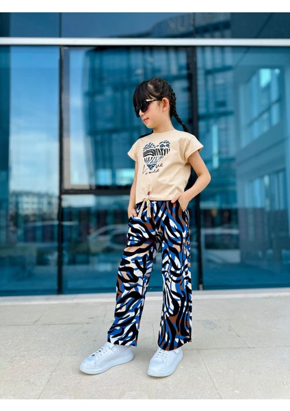 Kalp Baskılı Viskon Bağlamalı Kız Çocuk Takım - Camel-Mavi indirimleri