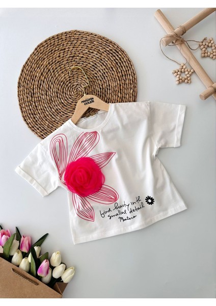 Tül Gül Desenli 3D Pamuklu Kız Çocuk Tşört - Beyaz