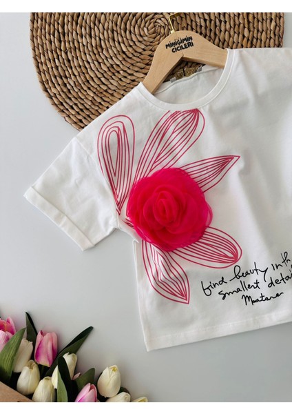 Tül Gül Desenli 3D Pamuklu Kız Çocuk Tşört - Beyaz fiyatları