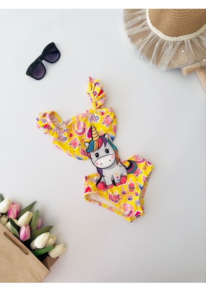 Kanatlı Uncrn Nakış Desenli Kız Çocuk Fırfır Askılı Mayo - Sarı