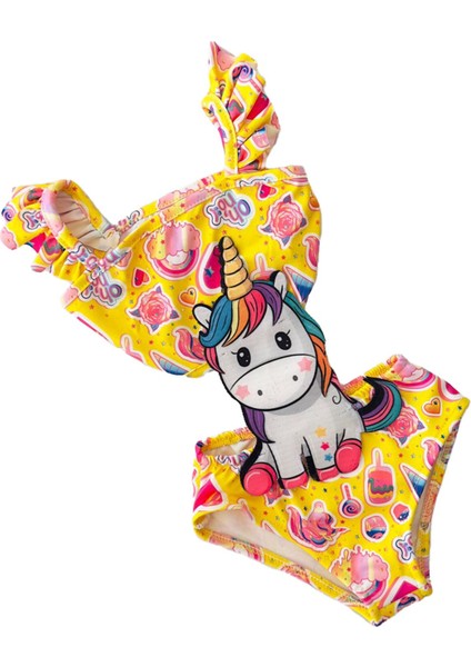 Kanatlı Uncrn Nakış Desenli Kız Çocuk Fırfır Askılı Mayo - Sarı fiyatları