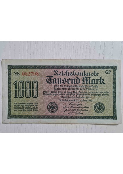 1922 Alman 1000 Mark Banknot Temiz. Orijinal Dönemine Ait